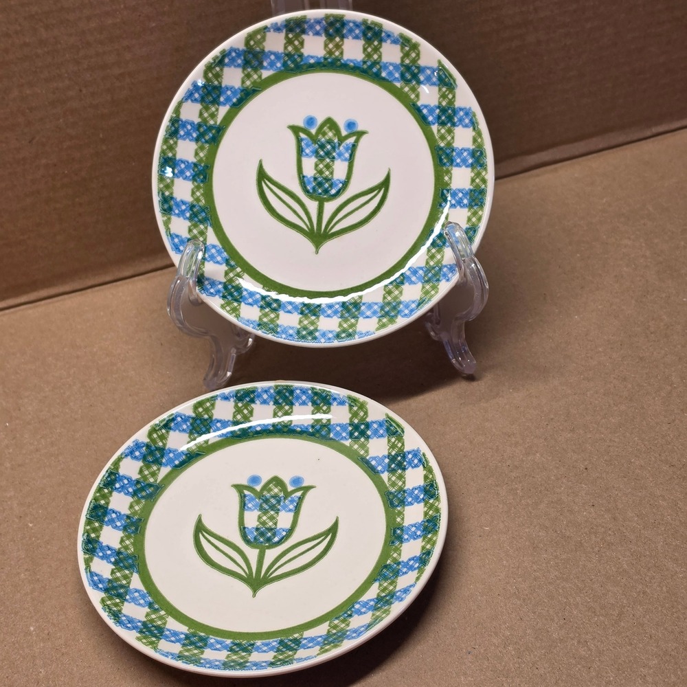 Royal China Bread Plates 6.25in Blue Green Excellent Tulip Gingham Garden 2pc